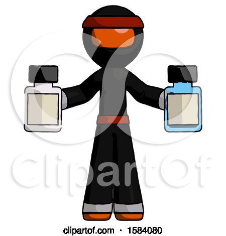 Orange Ninja Warrior Man Holding Two Medicine Bottles by Leo Blanchette