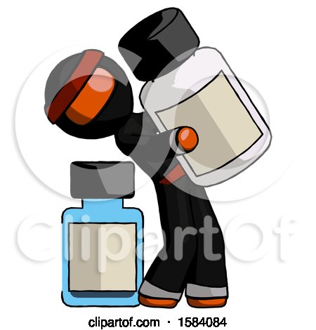 Orange Ninja Warrior Man Holding Large White Medicine Bottle with Bottle in Background by Leo Blanchette