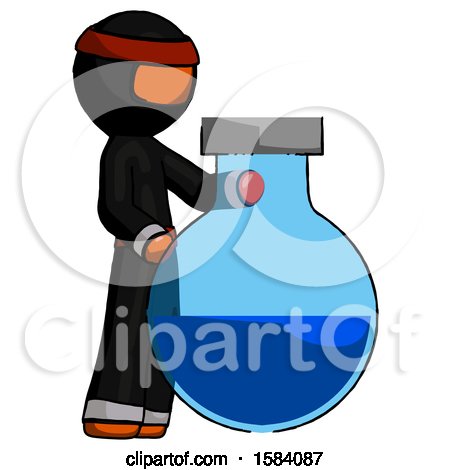 Orange Ninja Warrior Man Standing Beside Large Round Flask or Beaker by Leo Blanchette