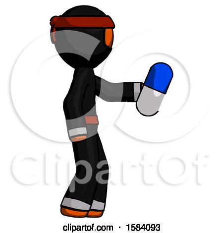 Orange Ninja Warrior Man Holding Blue Pill Walking to Right by Leo Blanchette