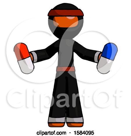 Orange Ninja Warrior Man Holding a Red Pill and Blue Pill by Leo Blanchette