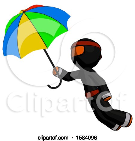Orange Ninja Warrior Man Flying with Rainbow Colored Umbrella by Leo Blanchette