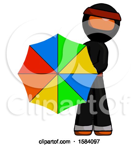 Orange Ninja Warrior Man Holding Rainbow Umbrella out to Viewer by Leo Blanchette