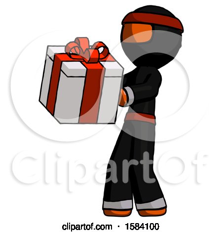 Orange Ninja Warrior Man Presenting a Present with Large Red Bow on It by Leo Blanchette
