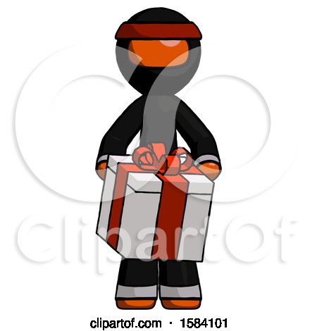 Orange Ninja Warrior Man Gifting Present with Large Bow Front View by Leo Blanchette