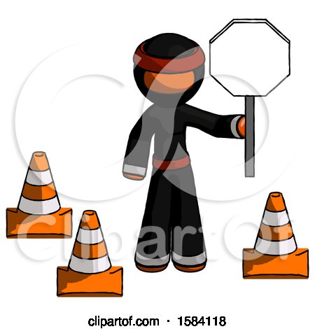 Orange Ninja Warrior Man Holding Stop Sign by Traffic Cones Under Construction Concept by Leo Blanchette