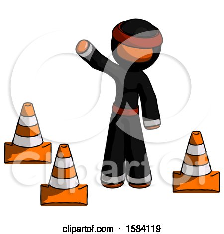 Orange Ninja Warrior Man Standing by Traffic Cones Waving by Leo Blanchette