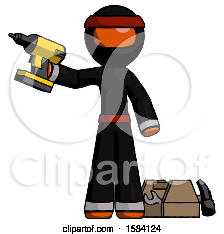 Orange Ninja Warrior Man Holding Drill Ready to Work, Toolchest and Tools to Right by Leo Blanchette