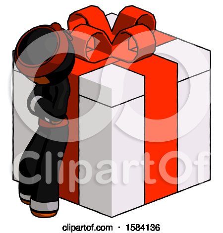 Orange Ninja Warrior Man Leaning on Gift with Red Bow Angle View by Leo Blanchette