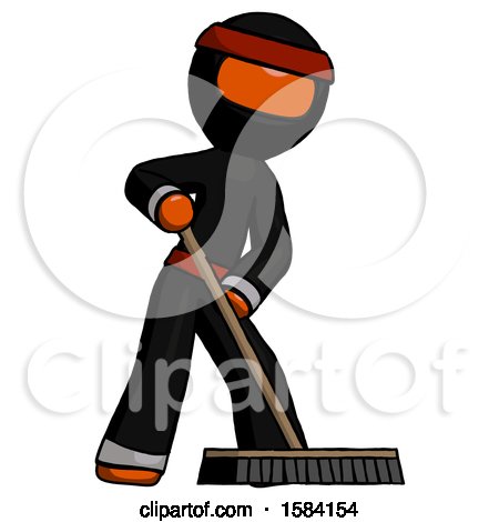 Orange Ninja Warrior Man Cleaning Services Janitor Sweeping Floor with Push Broom by Leo Blanchette