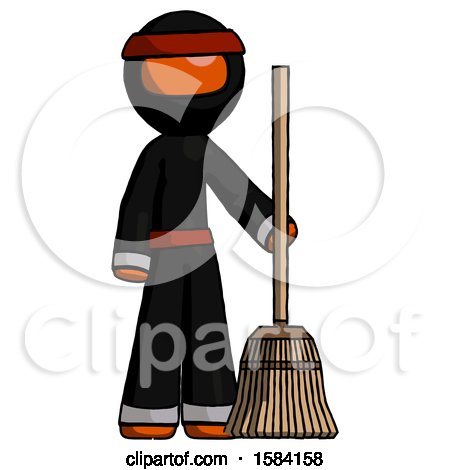 Orange Ninja Warrior Man Standing with Broom Cleaning Services by Leo Blanchette