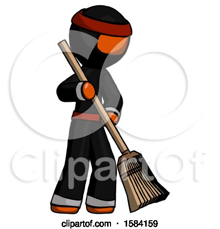 Orange Ninja Warrior Man Sweeping Area with Broom by Leo Blanchette