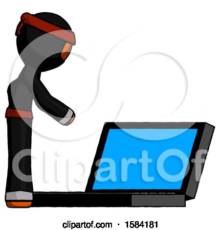 Orange Ninja Warrior Man Using Large Laptop Computer Side Orthographic View by Leo Blanchette