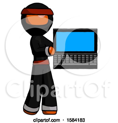 Orange Ninja Warrior Man Holding Laptop Computer Presenting Something on Screen by Leo Blanchette