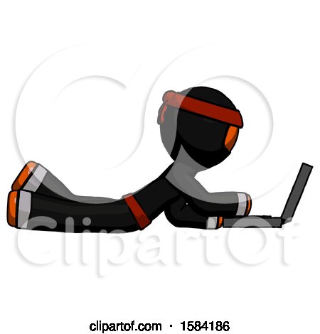 Orange Ninja Warrior Man Using Laptop Computer While Lying on Floor Side View by Leo Blanchette