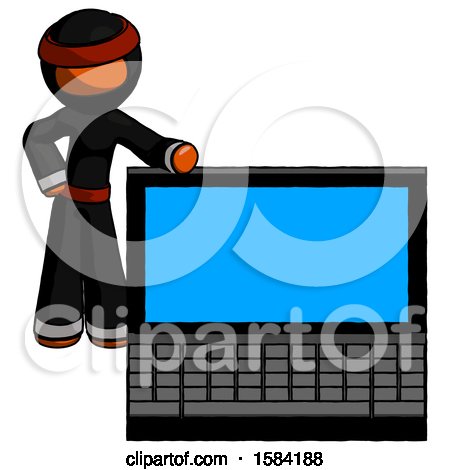 Orange Ninja Warrior Man Beside Large Laptop Computer, Leaning Against It by Leo Blanchette
