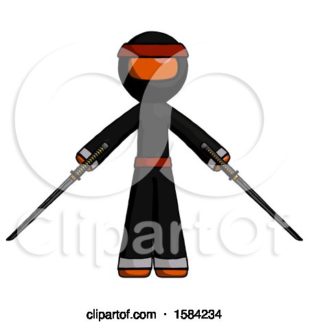 Orange Ninja Warrior Man Posing with Two Ninja Sword Katanas by Leo Blanchette