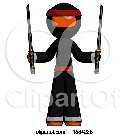Orange Ninja Warrior Man Posing with Two Ninja Sword Katanas up by Leo Blanchette