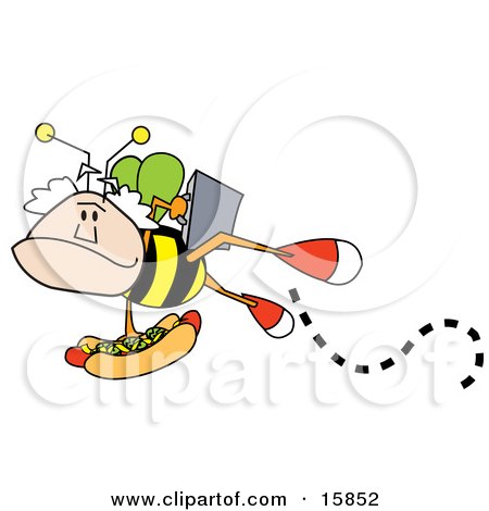Mans Head On A Bee's Body, Carrying A Briefcase And A Hotdog Topped With Mustard And Relish Clipart Illustration by Andy Nortnik