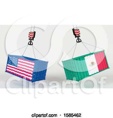 Clipart of 3d Hoisted Shipping Containers with American and Mexican Flags - Royalty Free Illustration by KJ Pargeter