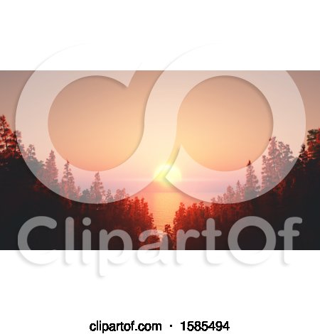 Clipart of a 3d Ocean Sunset with Forest - Royalty Free Illustration by KJ Pargeter