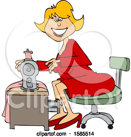 Clipart of a Cartoon Happy Seamstress Woman Sewing a Dress - Royalty Free Vector Illustration by djart