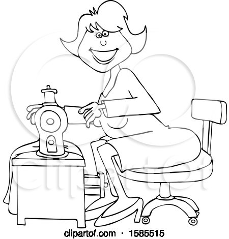 Clipart of a Cartoon Lineart Happy Seamstress Woman Sewing a Dress - Royalty Free Vector Illustration by djart