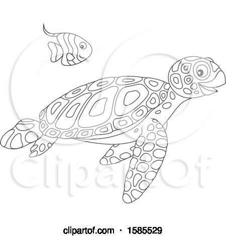 Clipart of a Lineart Swimming Fish and Sea Turtle - Royalty Free Vector Illustration by Alex Bannykh