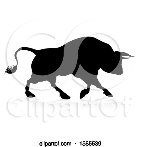 Clipart of a Silhouetted Black Bull Charging, with a Shadow on a White Background - Royalty Free Vector Illustration by AtStockIllustration