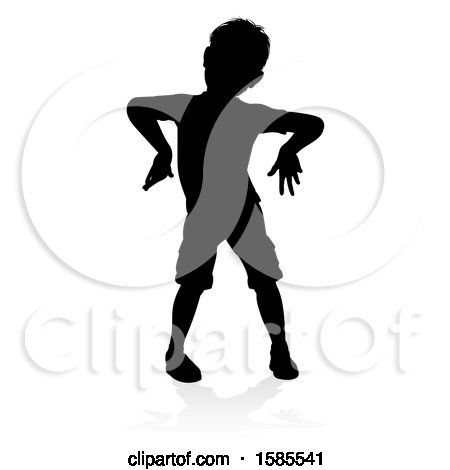 Clipart of a Silhouetted Boy Playing, with a Reflection or Shadow, on a White Background - Royalty Free Vector Illustration by AtStockIllustration