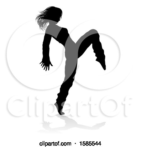 Clipart of a Silhouetted Female Hip Hop Dancer with a Reflection or Shadow, on a White Background - Royalty Free Vector Illustration by AtStockIllustration