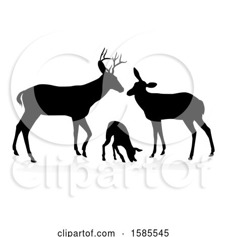 Clipart of a Black Silhouetted Deer Family With Shadows - Royalty Free Vector Illustration by AtStockIllustration