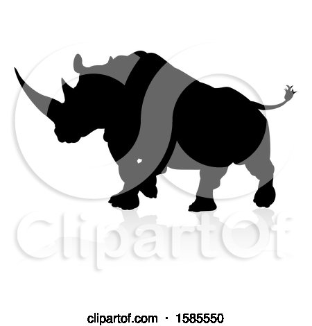 Clipart of a Silhouetted Rhino, with a Reflection or Shadow, on a White Background - Royalty Free Vector Illustration by AtStockIllustration