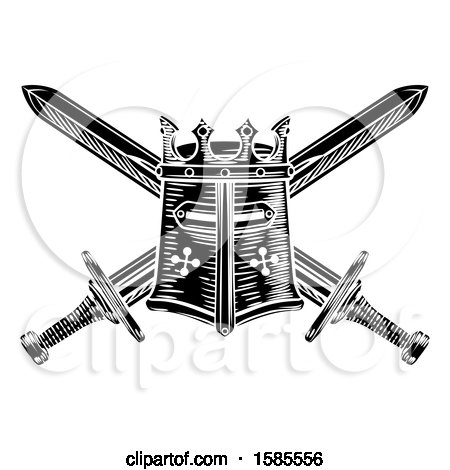 Clipart of a Black and White Knights Great Helm and Crossed Swords - Royalty Free Vector Illustration by AtStockIllustration