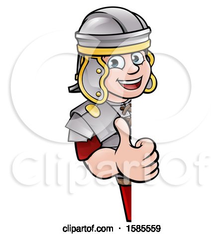 Clipart of a Cartoon Happy Roman Soldier Giving a Thumb up Around a Sign - Royalty Free Vector Illustration by AtStockIllustration