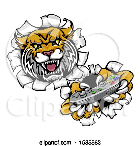 Clipart of a Tiger Mascot Playing a Video Game and Breaking Through a Wall - Royalty Free Vector Illustration by AtStockIllustration