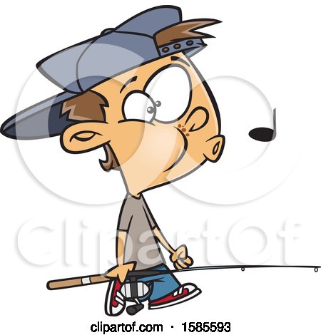 Clipart of a Cartoon White Boy Whistling and Carrying a Fishing Pole - Royalty Free Vector Illustration by toonaday
