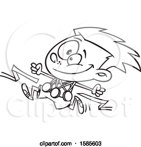 Clipart of a Cartoon Line Art Competitive Athletic Boy Wearing Medals and Running - Royalty Free Vector Illustration by toonaday
