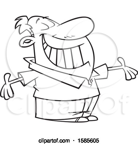 Clipart of a Cartoon Line Art Man Grinning and Holding His Arms Wide Open - Royalty Free Vector Illustration by toonaday