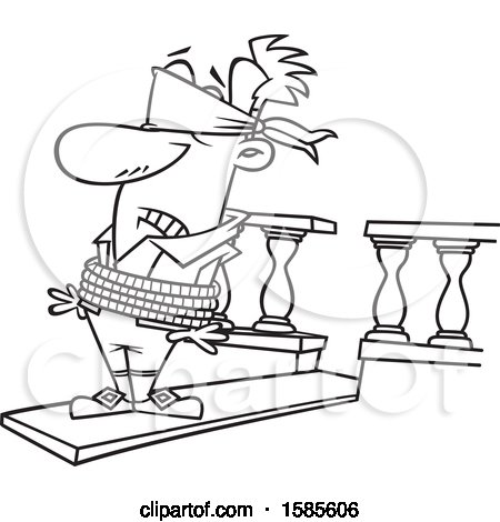 Clipart of a Cartoon Line Art Man Walking a Plank - Royalty Free Vector Illustration by toonaday
