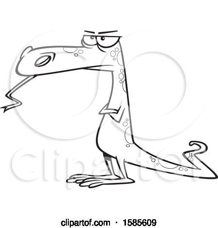 Clipart of a Cartoon Line Art Skeptical Dinosaur or Lizard - Royalty Free Vector Illustration by toonaday