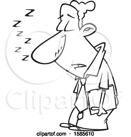 Clipart of a Cartoon Line Art Sleep Deprived Business Man Sleeping Standing up - Royalty Free Vector Illustration by toonaday