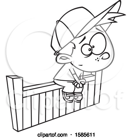 Clipart of a Cartoon Line Art Boy Sitting on the Fence - Royalty Free Vector Illustration by toonaday