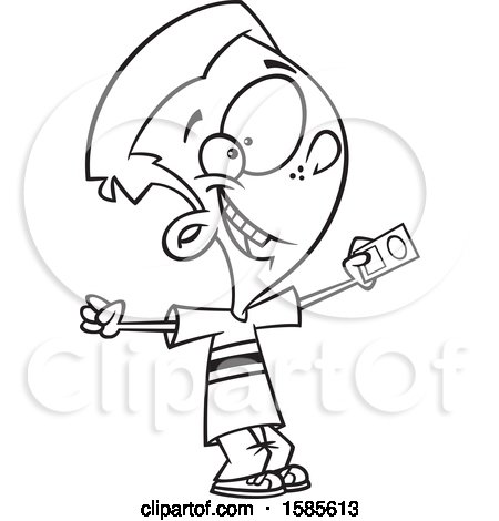 Clipart of a Cartoon Line Art Boy Holding a License - Royalty Free Vector Illustration by toonaday