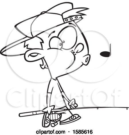 Clipart of a Cartoon Line Art Boy Whistling and Carrying a Fishing Pole - Royalty Free Vector Illustration by toonaday