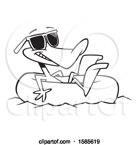 Clipart of a Cartoon Line Art Summer Time Duck Wearing Sunglasses and Floating in an Inner Tube - Royalty Free Vector Illustration by toonaday