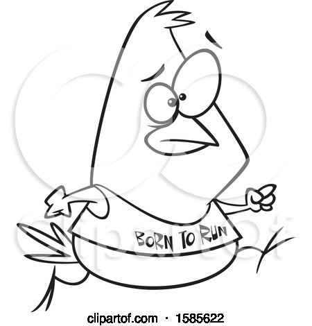 Clipart of a Cartoon Line Art Jogging Bird Wearing a Born to Run Shirt - Royalty Free Vector Illustration by toonaday