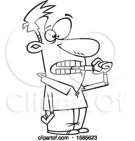 Clipart of a Cartoon Line Art Man Biting the Bullet - Royalty Free Vector Illustration by toonaday