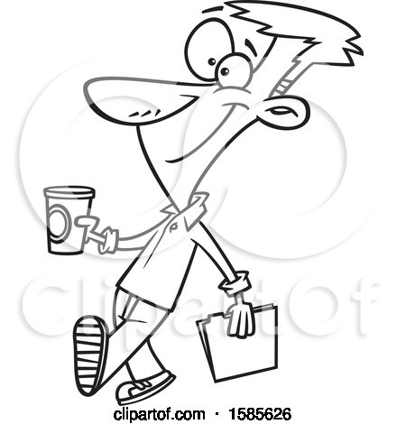 Clipart of a Cartoon Line Art Man Holding a to Go Coffee on Casual Friday - Royalty Free Vector Illustration by toonaday