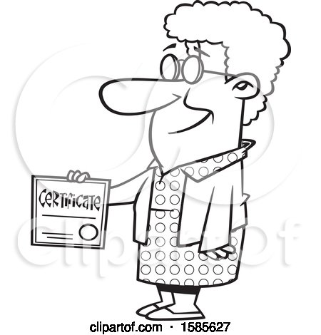 Clipart of a Cartoon Line Art Proud Senior Woman Holding a Certificate - Royalty Free Vector Illustration by toonaday